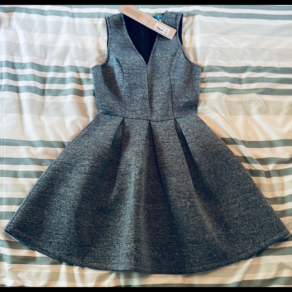 New with tags. Plunge neck heather navy pleated dress. Small. Francesca’s.